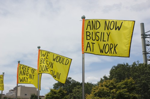 Dahlia Elsayed. We Would Begin Our Own, 2014. PVC pipes, nylon flags, paint, glitter. Dimensions variable.